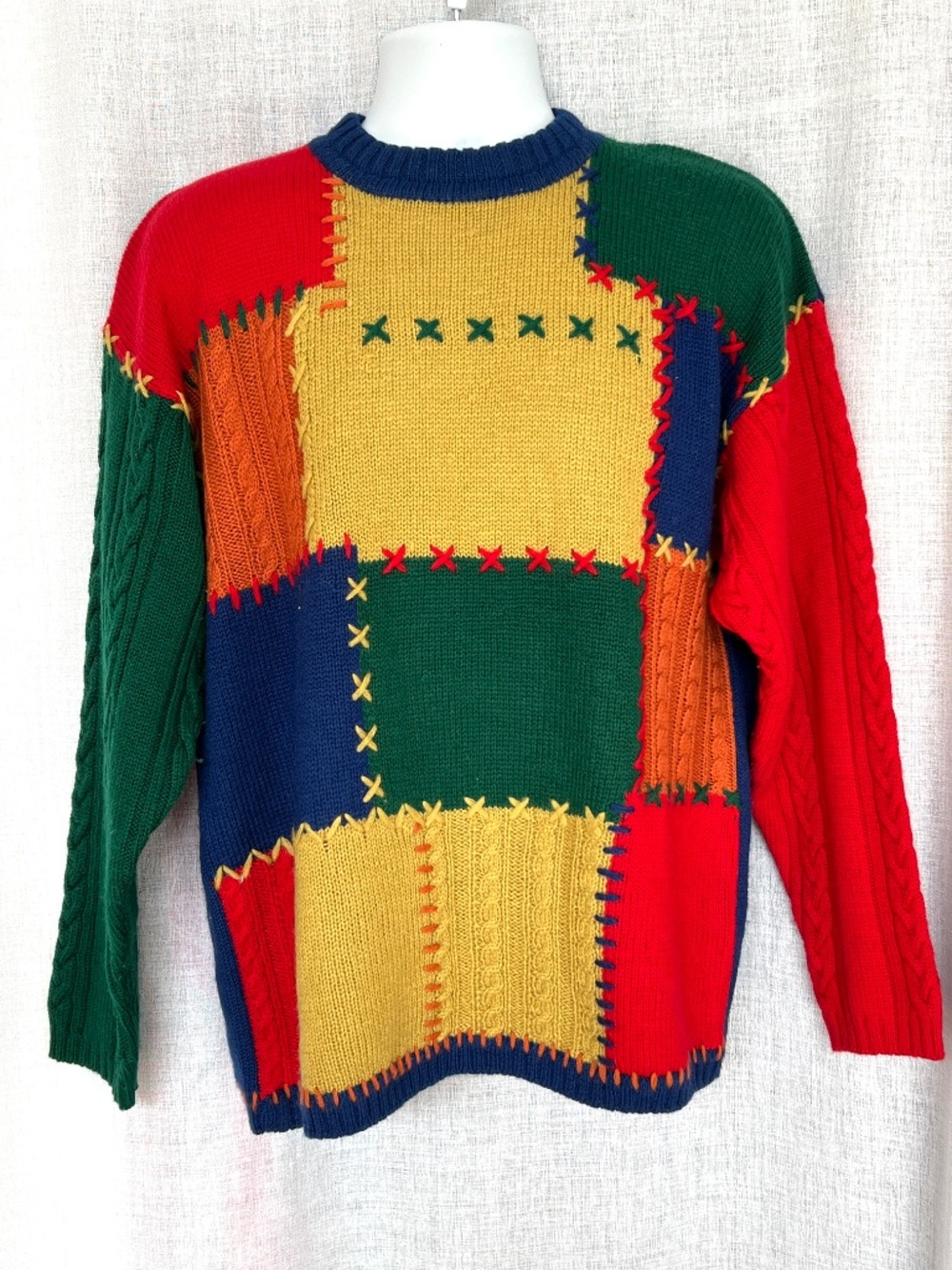 Exceptions Sweater Pullover 100% Wool Patchwork Size S Crewneck